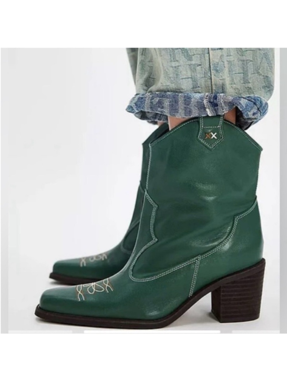 Free People Teal Green Western Wanderer Leather Ankle Boots